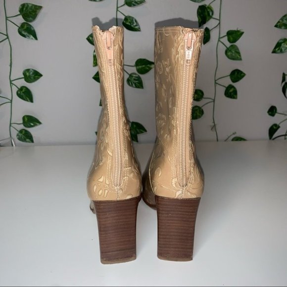 Greenwich Village Leather Heeled Boots Size 5.5 Tan Floral Mid Calf Square Toe - Picture 7 of 10